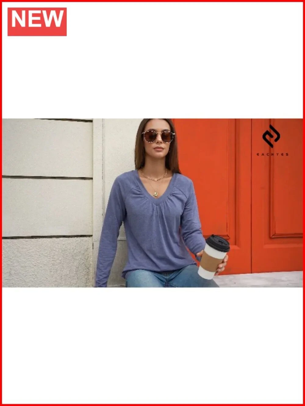 Womens V Neck Long Sleeve Pleated Top Banded Hem Loose Fit Casual Blouse